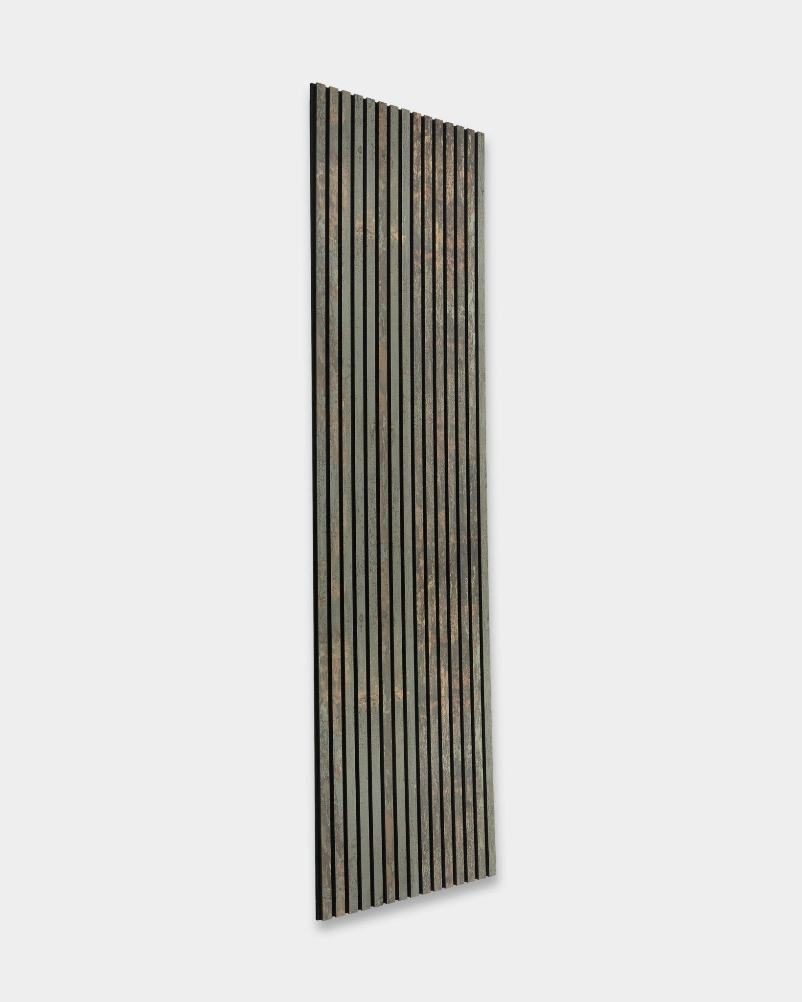 Rebel Akupanel in Oxide Grey by WoodUpp is a 240x60cm acoustic panel with vertical black and gray slats, designed for sound absorption and a rustic, weathered appearance.